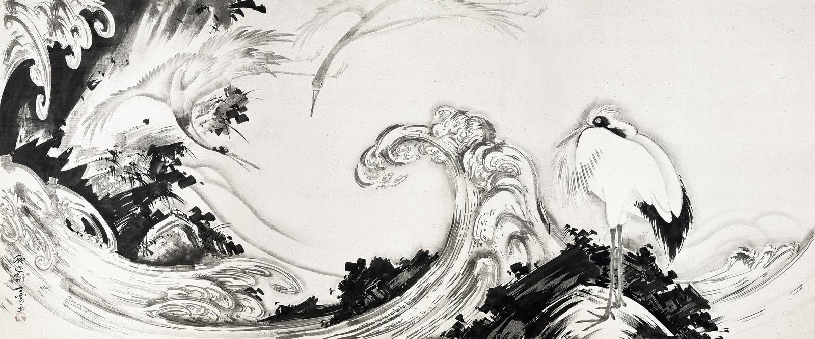 Serene Cranes & Waves Ink Wash Wall Art