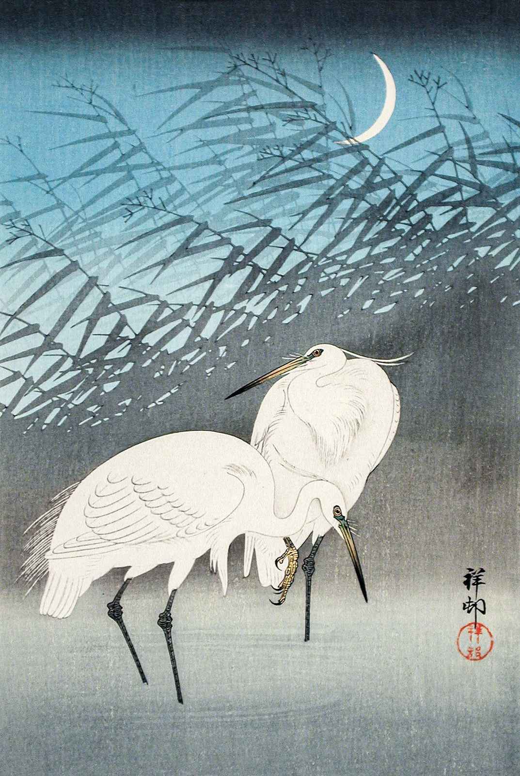 Serene Moonlight Egrets Japanese Art Wall Art