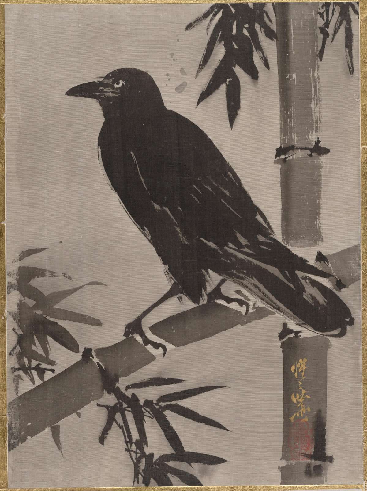 Elegant Crow on Bamboo Silk Wall Art