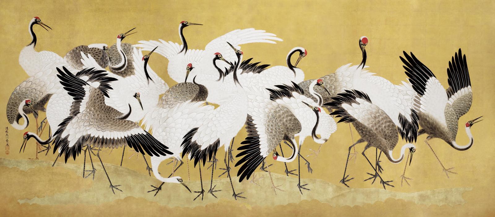 Elegant Crane Flock Gold Japanese Art Wall Art