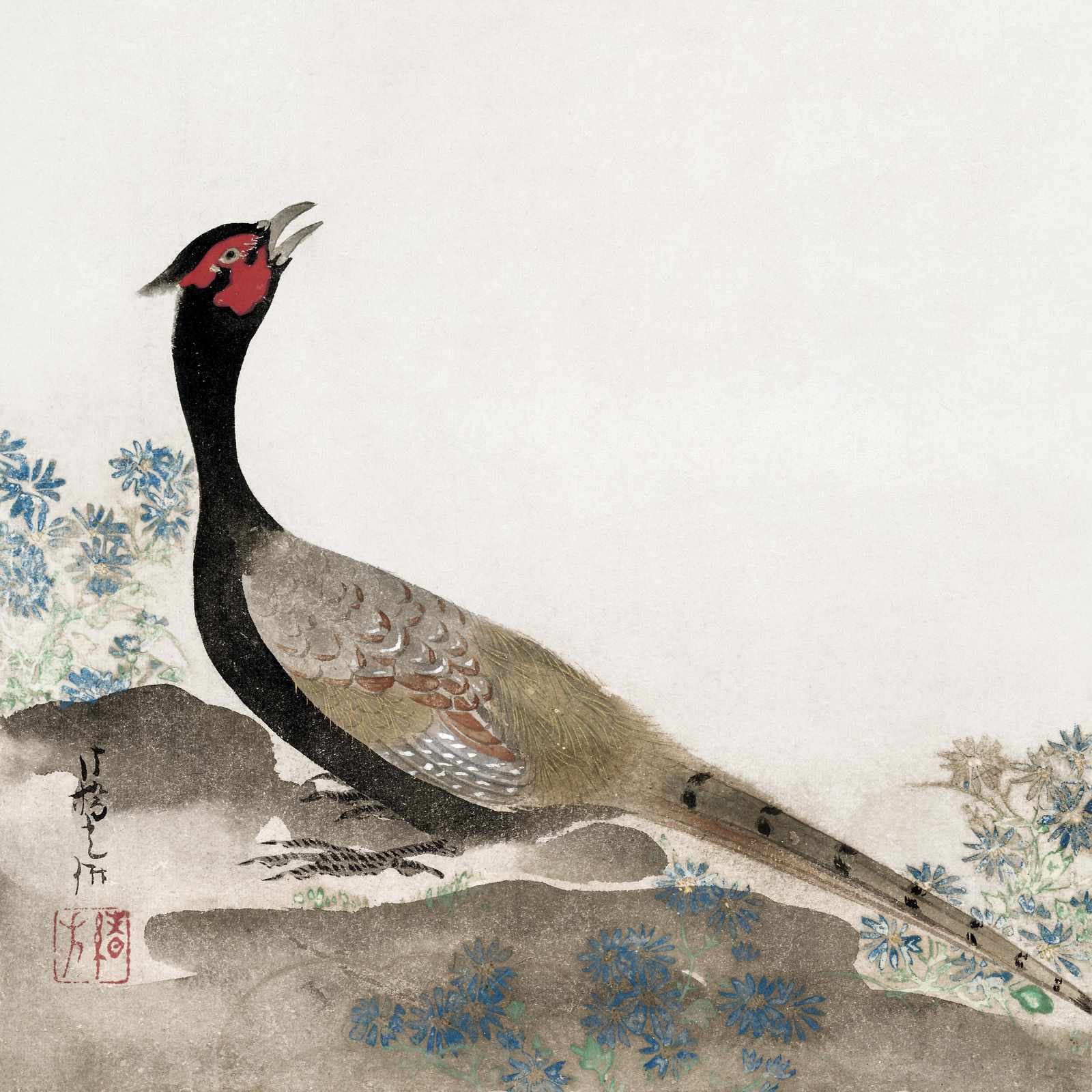 Elegant Pheasant Blue Flowers Japanese Art Wall Art
