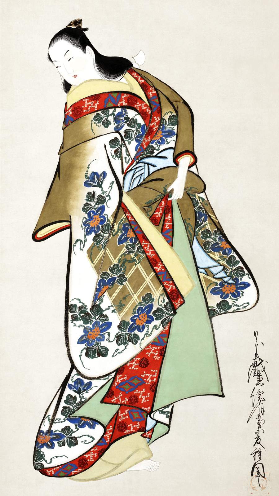 Elegant Geisha Blue Floral Kimono Wall Art