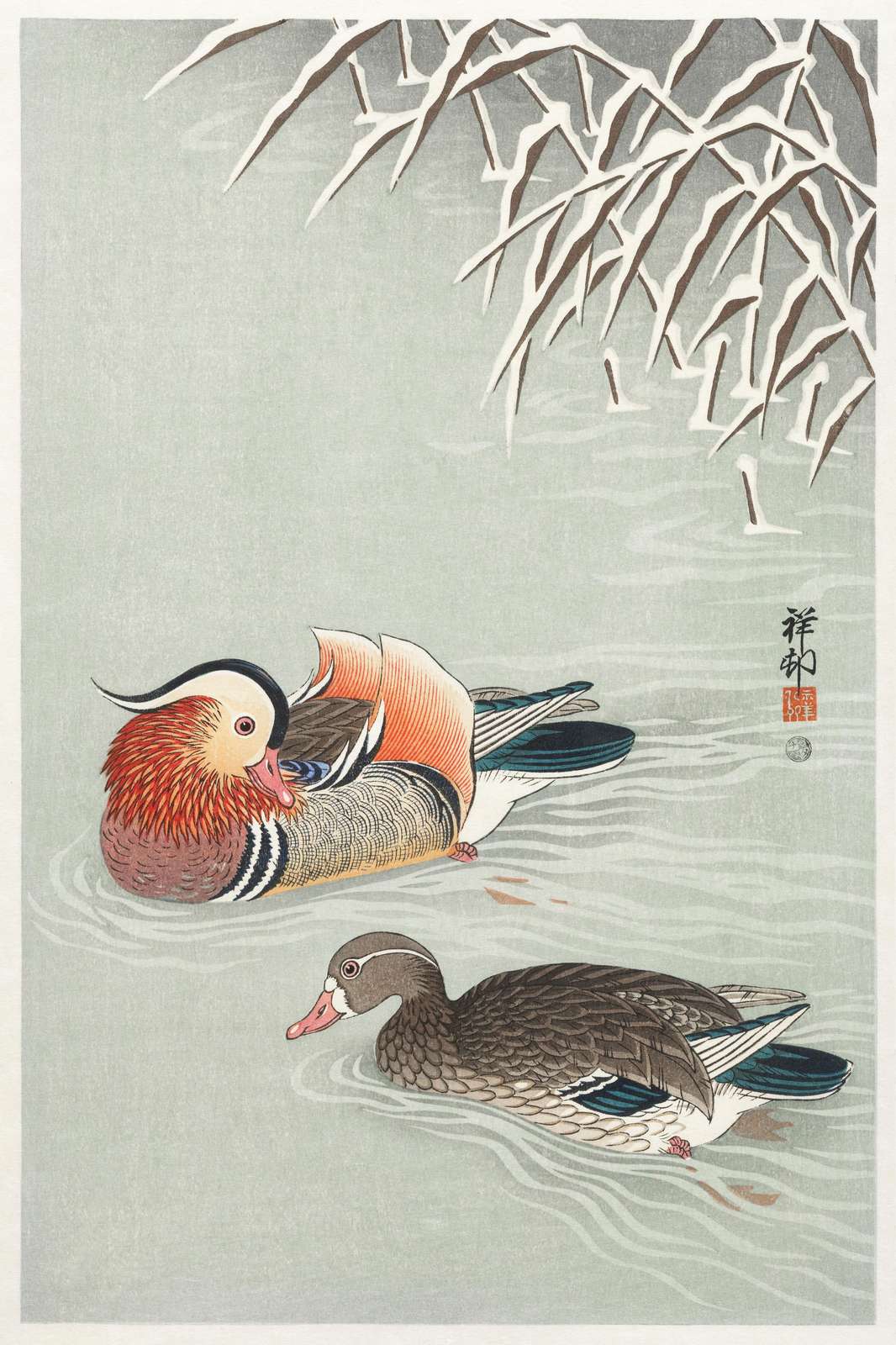 Elegant Mandarin Ducks Winter Serenity Wall Art