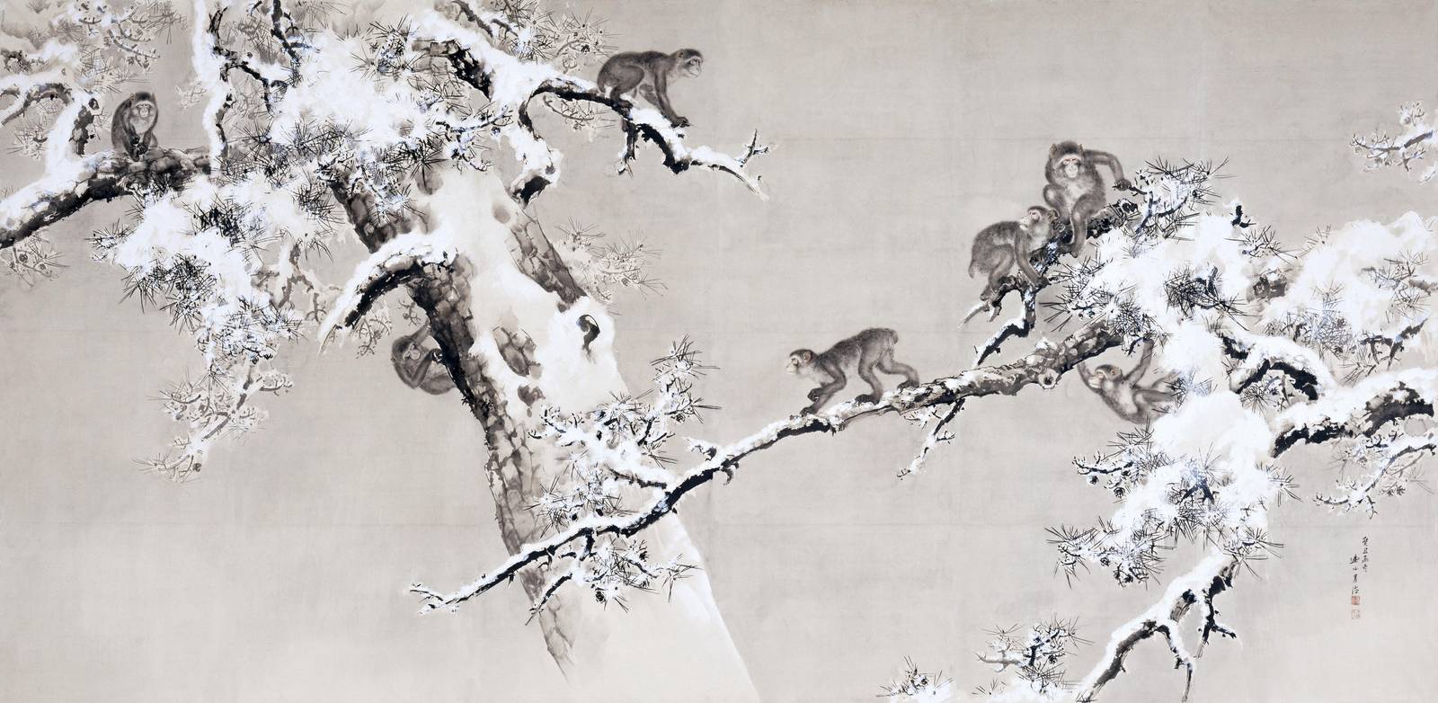 Monkeys in Snow Pine Tree Wall Art