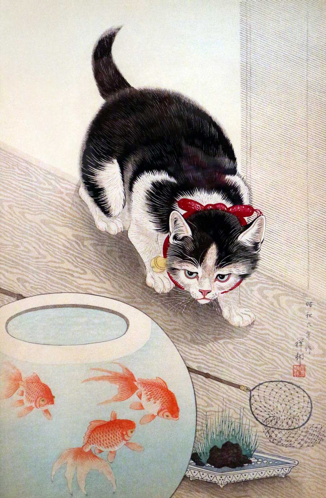 Curious Cat & Goldfish Japanese Art Wall Art