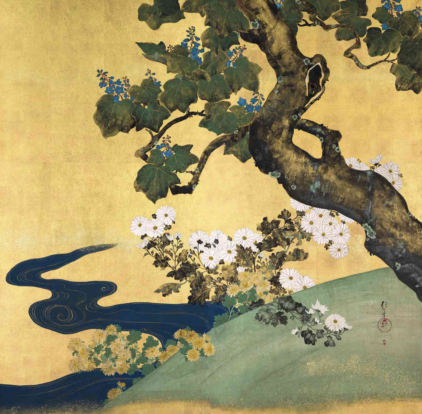 Golden Chrysanthemum & Willow Wall Art | Serene Japanese Art
