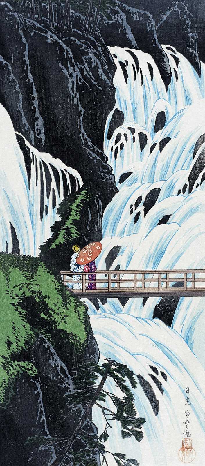 Serene Waterfall & Bridge Japanese Art Wall Art