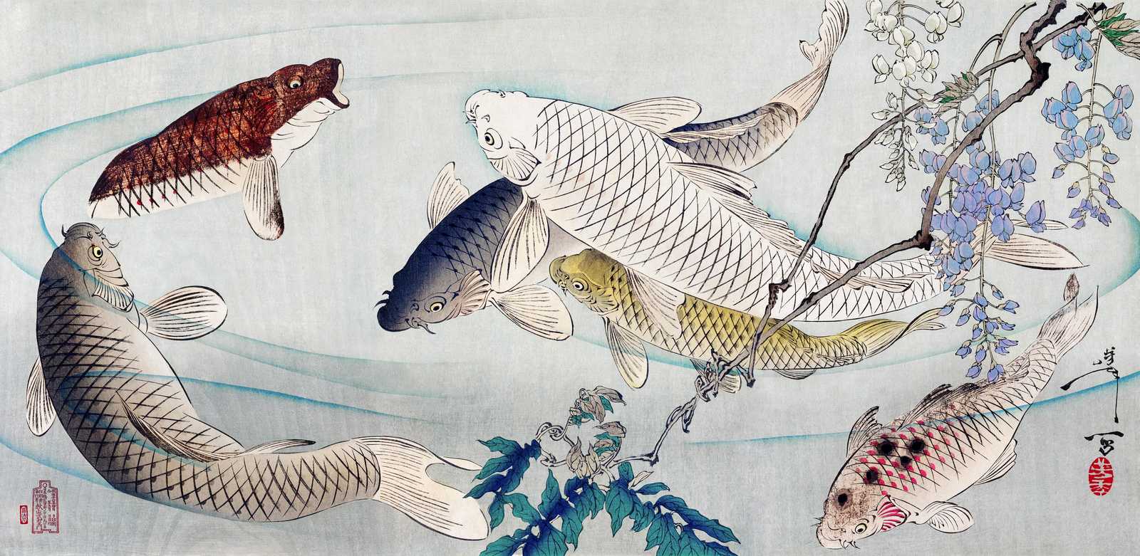 Vibrant Koi & Wisteria Zen Wall Art