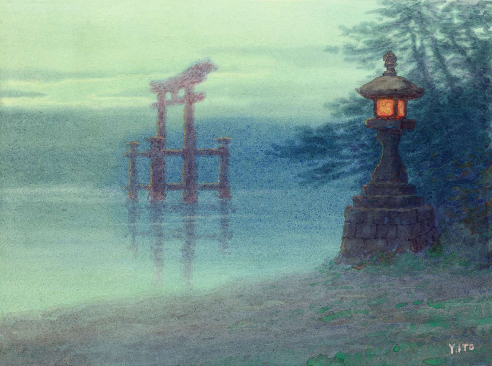 Misty Torii Gate & Lantern Japanese Art Wall Art