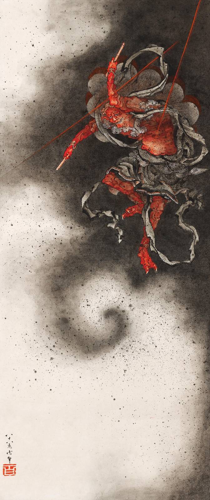 Dynamic Red Warrior Japanese Ink Art Wall Art