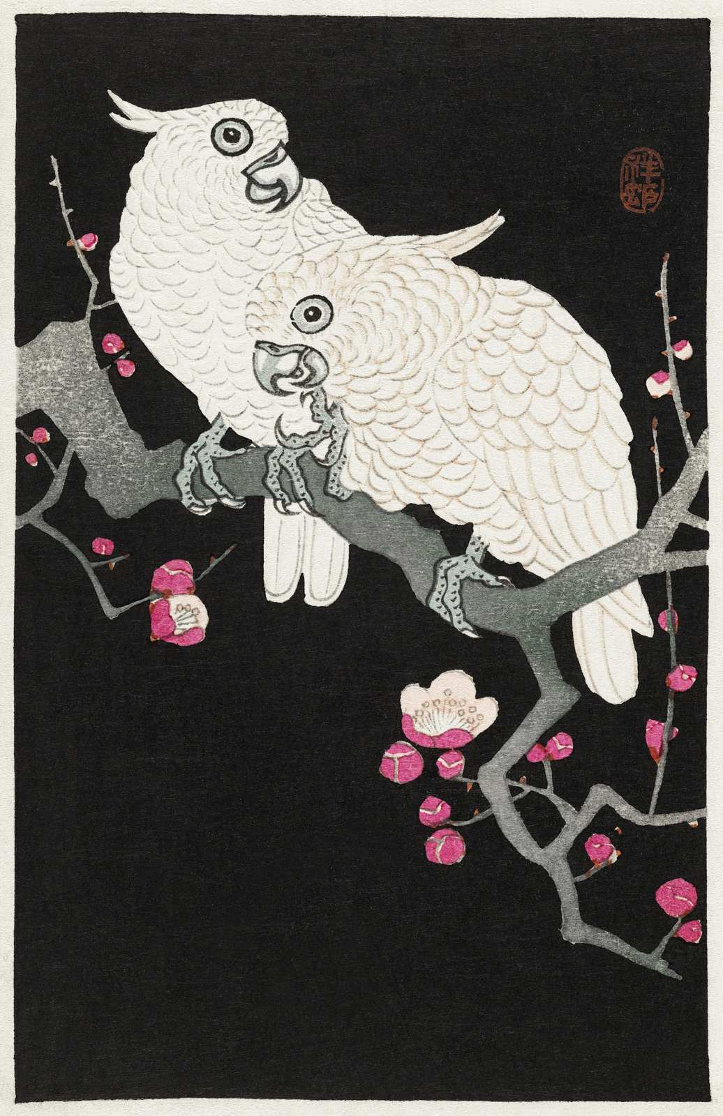 White Cockatoos Plum Blossom Wall Art