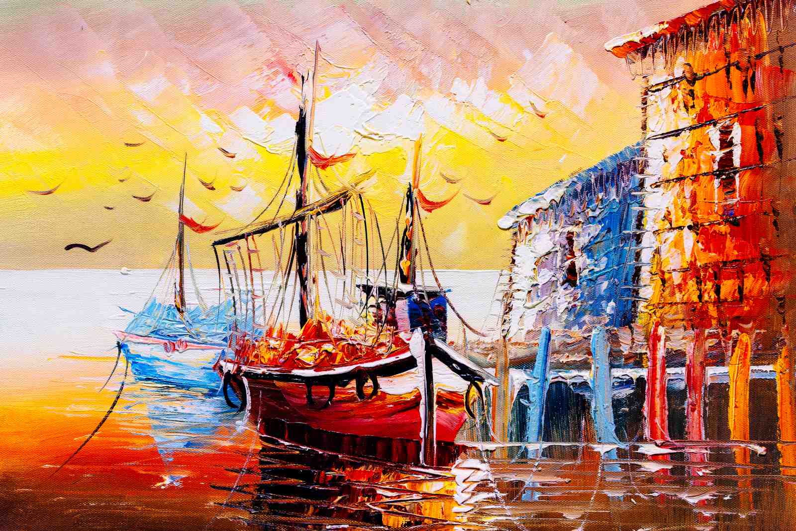 Vibrant Harbor Boats Impasto Oil Wall Art