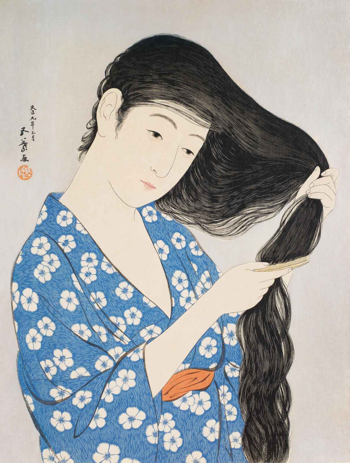 Blue Floral Kimono Woman Hair Comb Wall Art