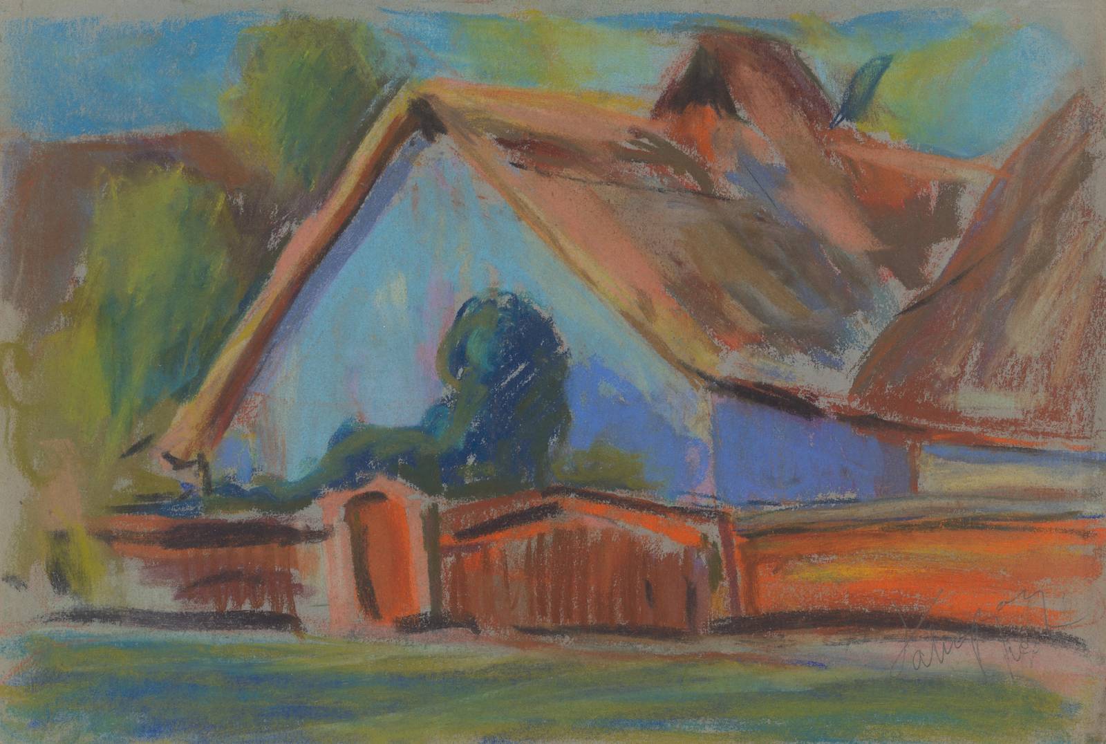 Rustic Barn Landscape Pastel Wall Art