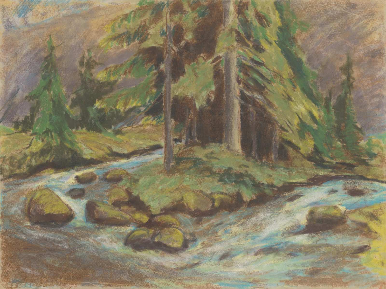 Serene Forest Stream Pastel Wall Art