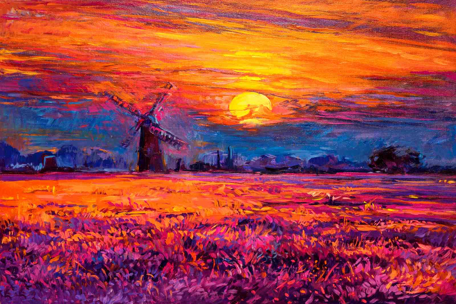 Vibrant Sunset Windmill Field Wall Art