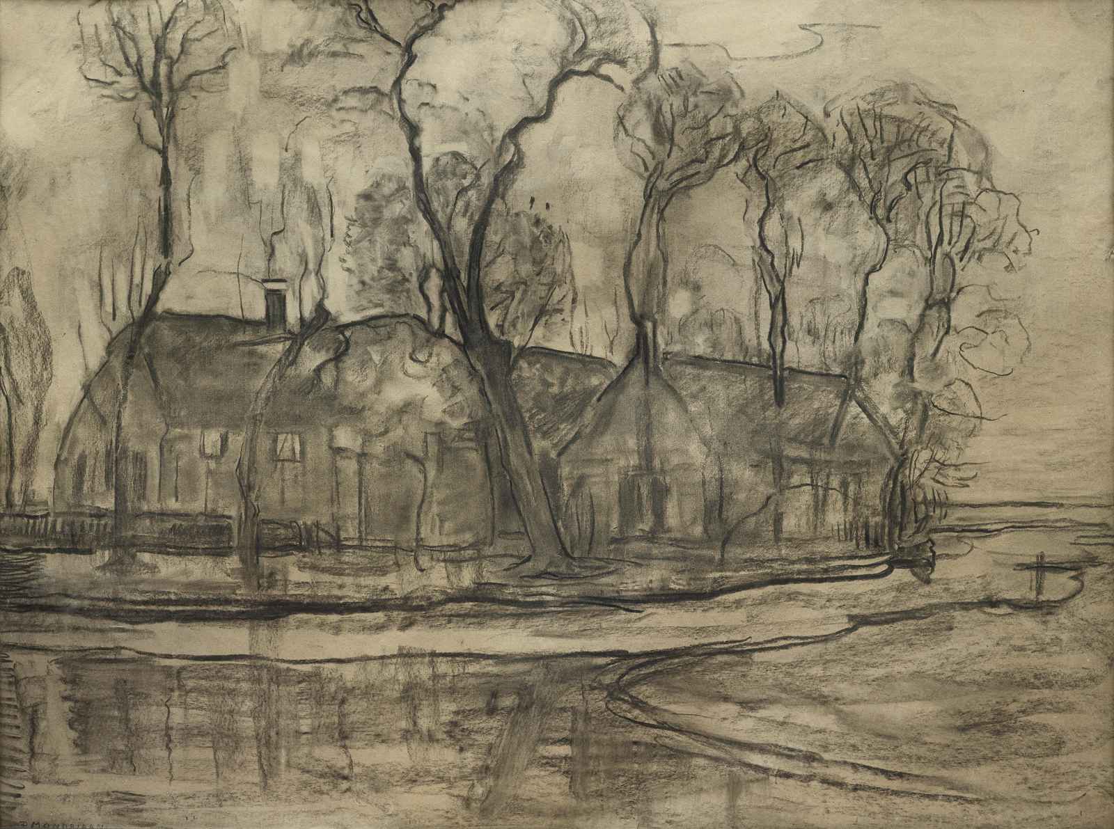 Rustic Farmhouse Landscape Charcoal Wall Art