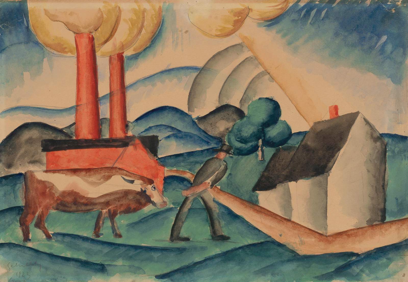 Abstract Farm Scene with Cow Wall Art