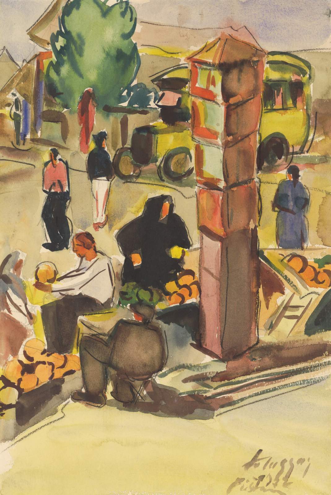 Vibrant Market Scene Watercolor Wall Art