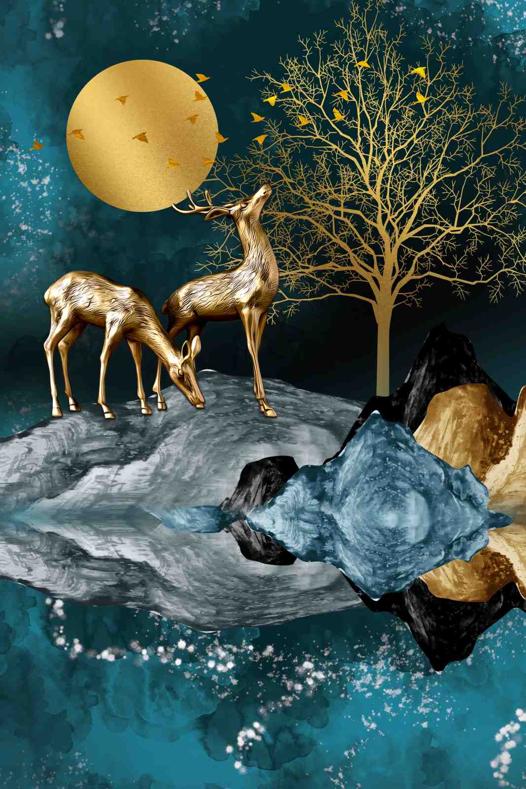 Golden Deer Serenity Landscape Wall Art