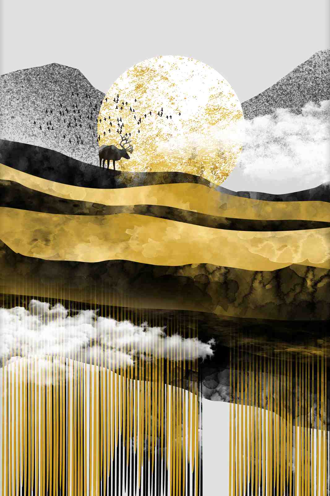 Majestic Deer Gold Sun Mountain Wall Art