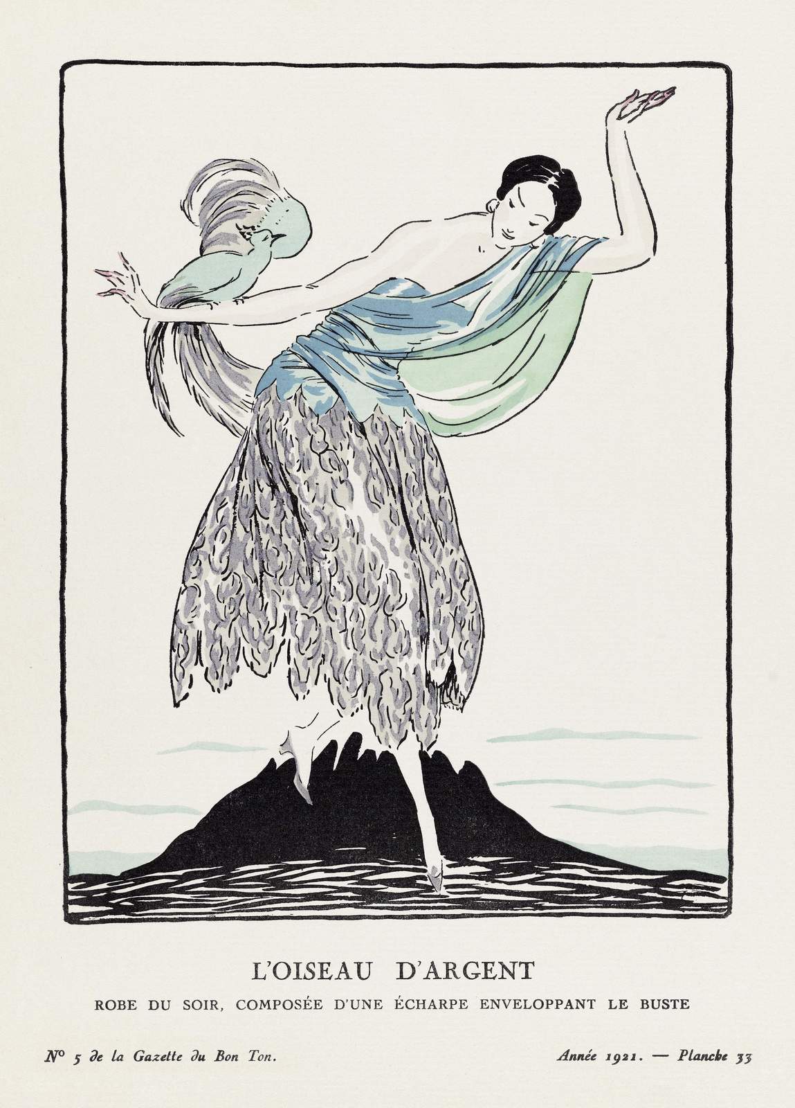 Art Deco Silver Bird Fashion Illustration Wall Art