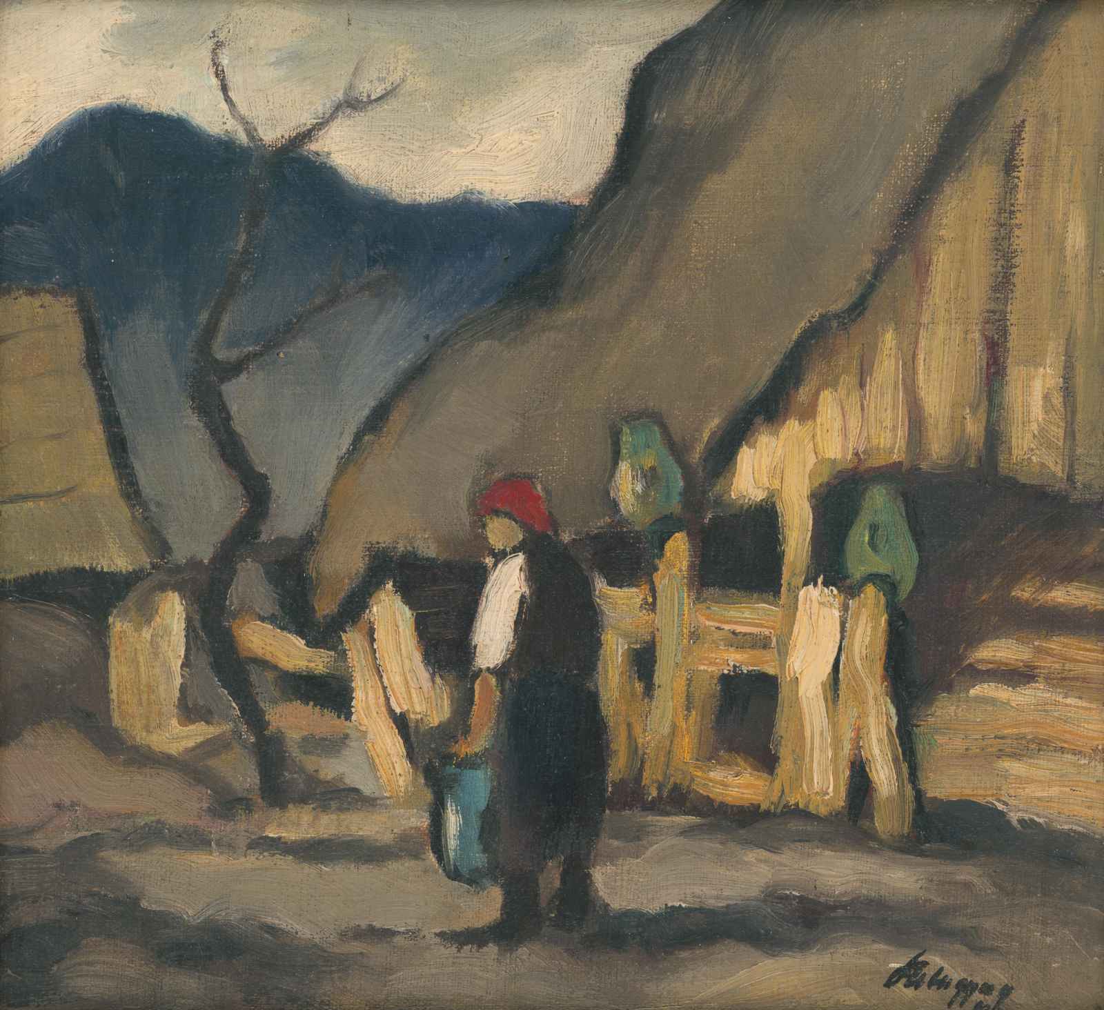 Rustic Village Scene with Woman Wall Art