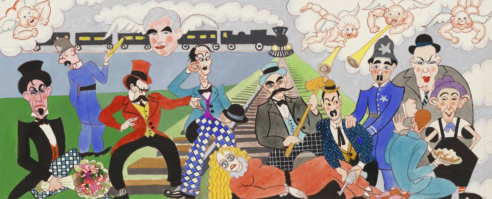 Whimsical Train Scene with Angels Wall Art