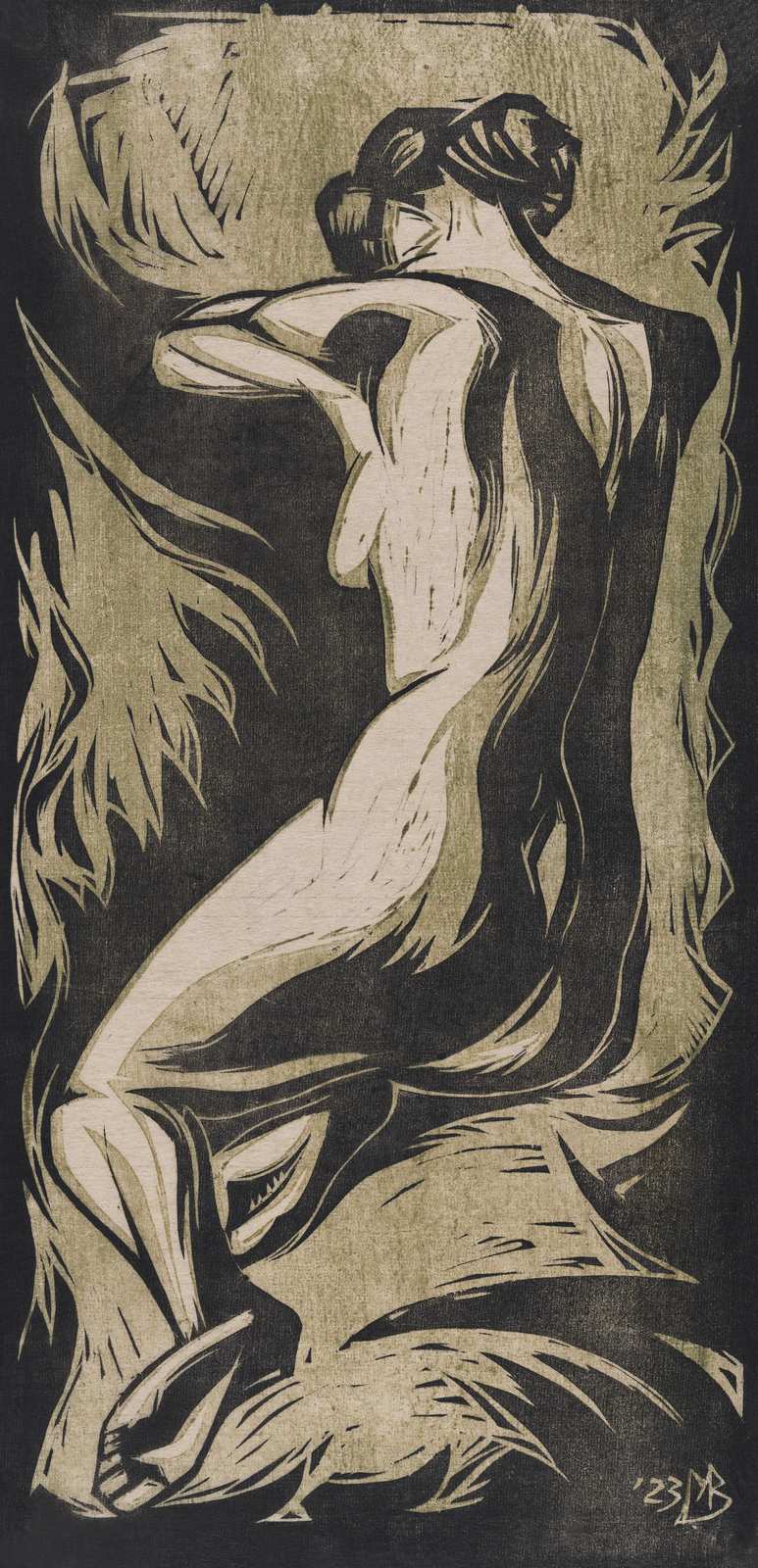 Expressive Nude Woman Woodcut Wall Art