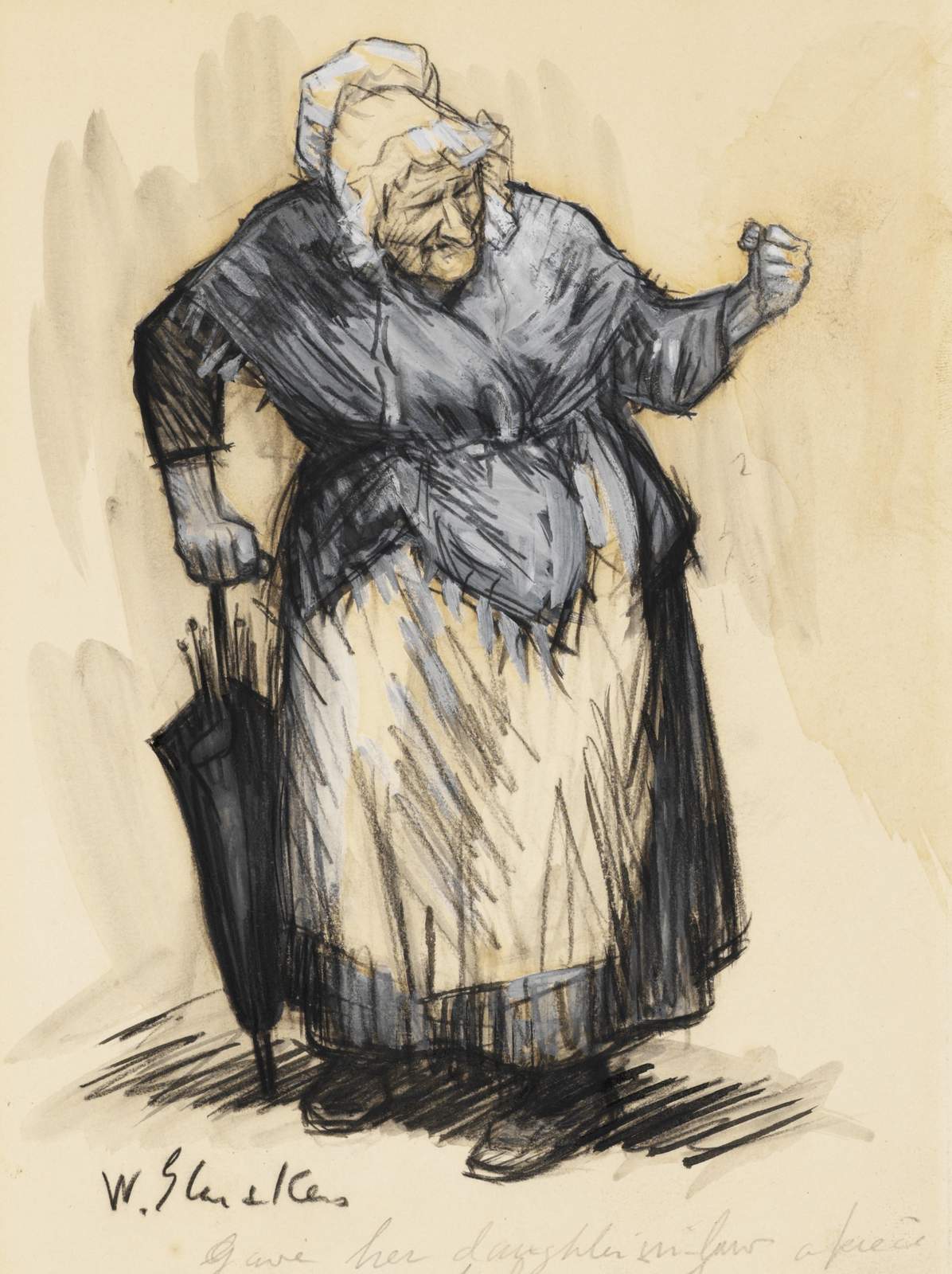 Expressive Elderly Woman with Umbrella Wall Art