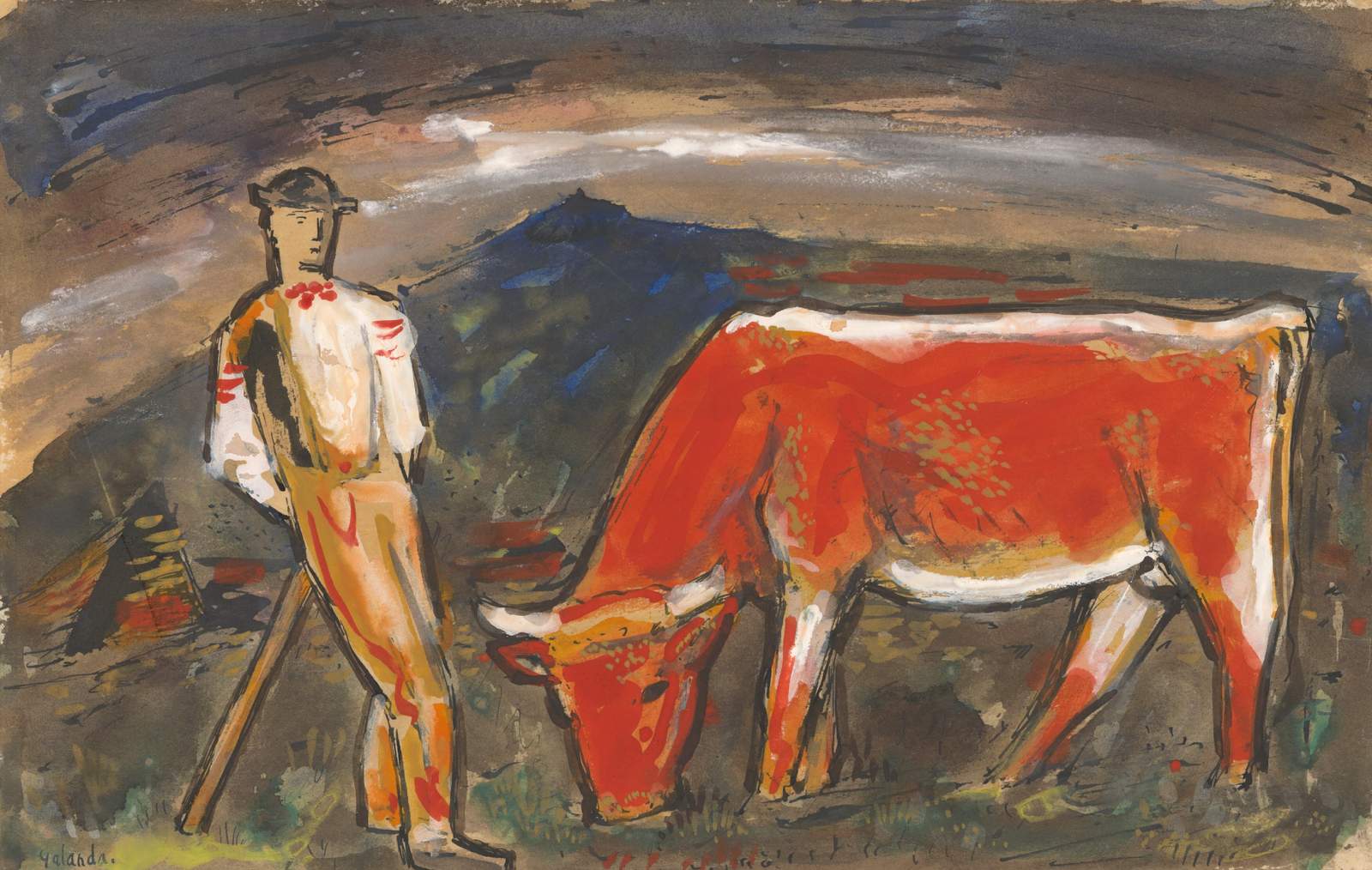 Vibrant Bull & Shepherd Folk Art Wall Art