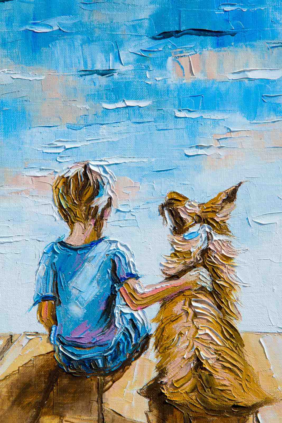 Boy and Dog Friendship Impasto Wall Art