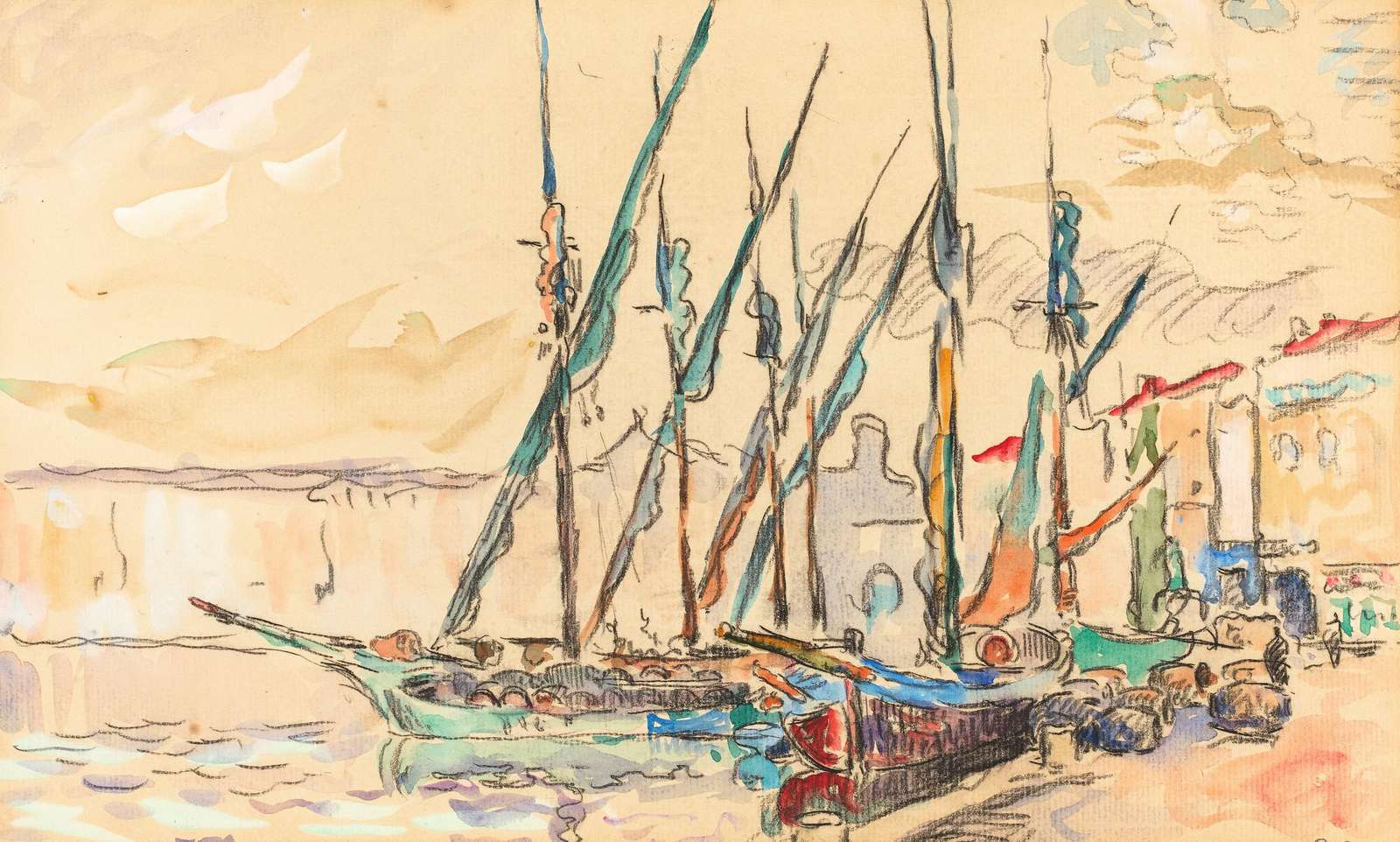 Boats in Harbor Expressive Watercolor Wall Art