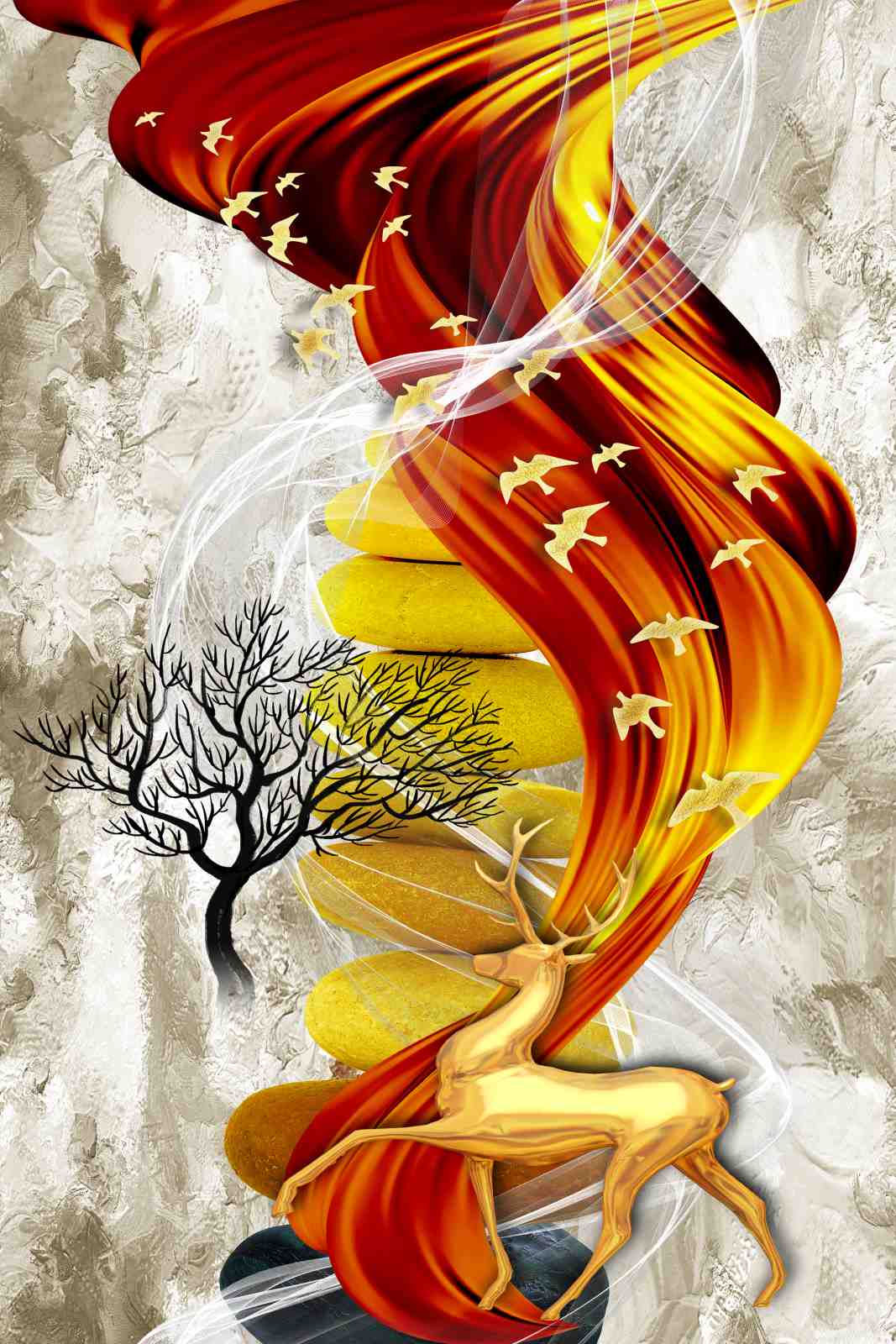 Golden Deer & Fiery Flow Wall Art