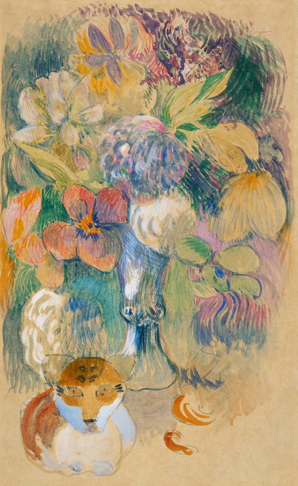 Vibrant Floral Bouquet with Cat Wall Art