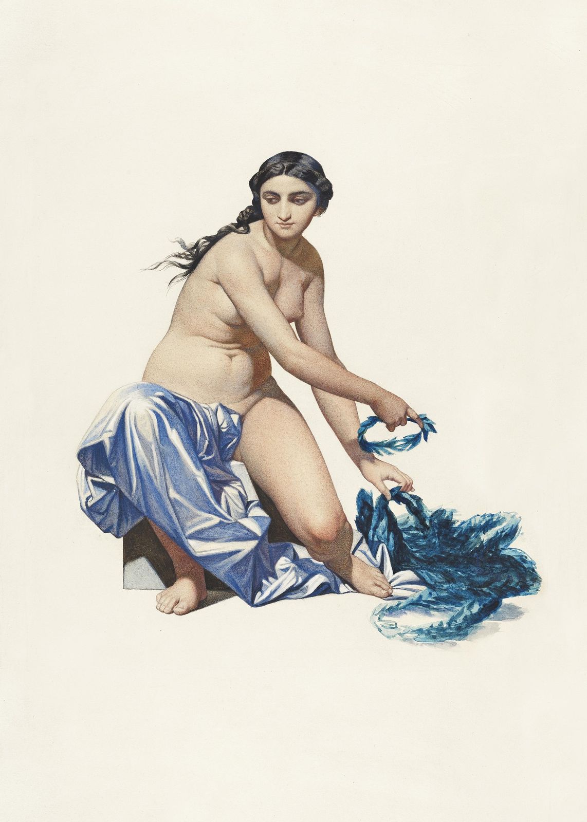 Elegant Nude Goddess Blue Drape Wall Art