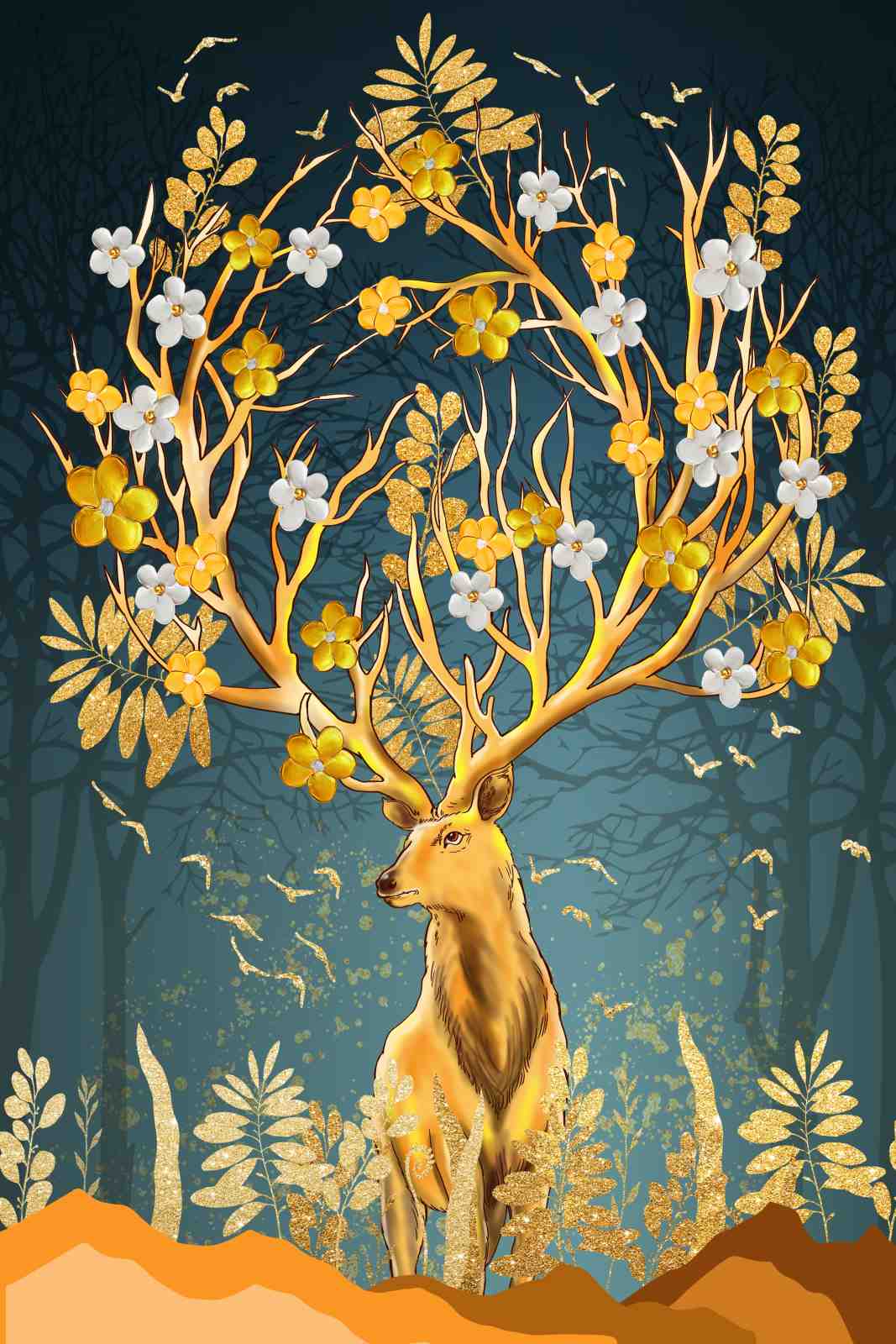 Golden Forest Deer with Flowers Wall Art