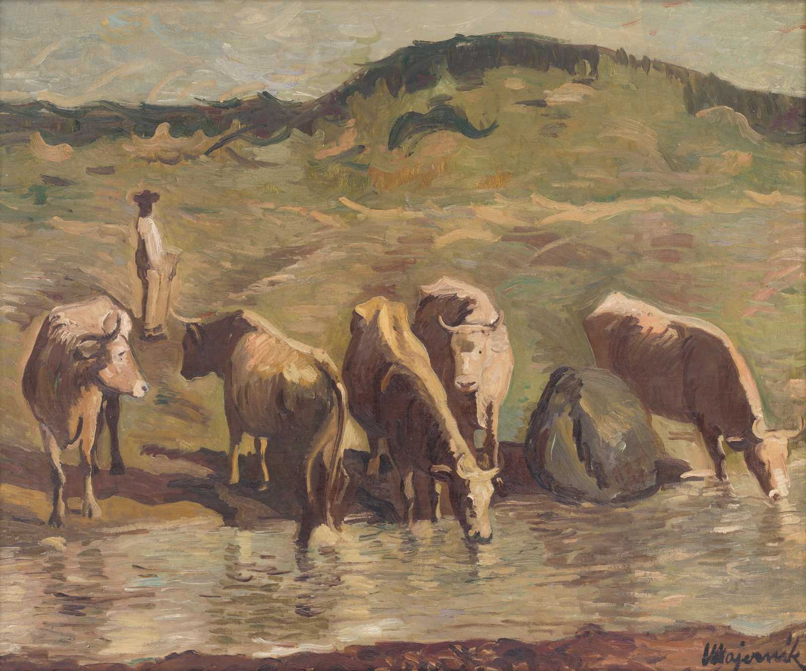 Herd at Watering Hole Impressionist Cattle Wall Art