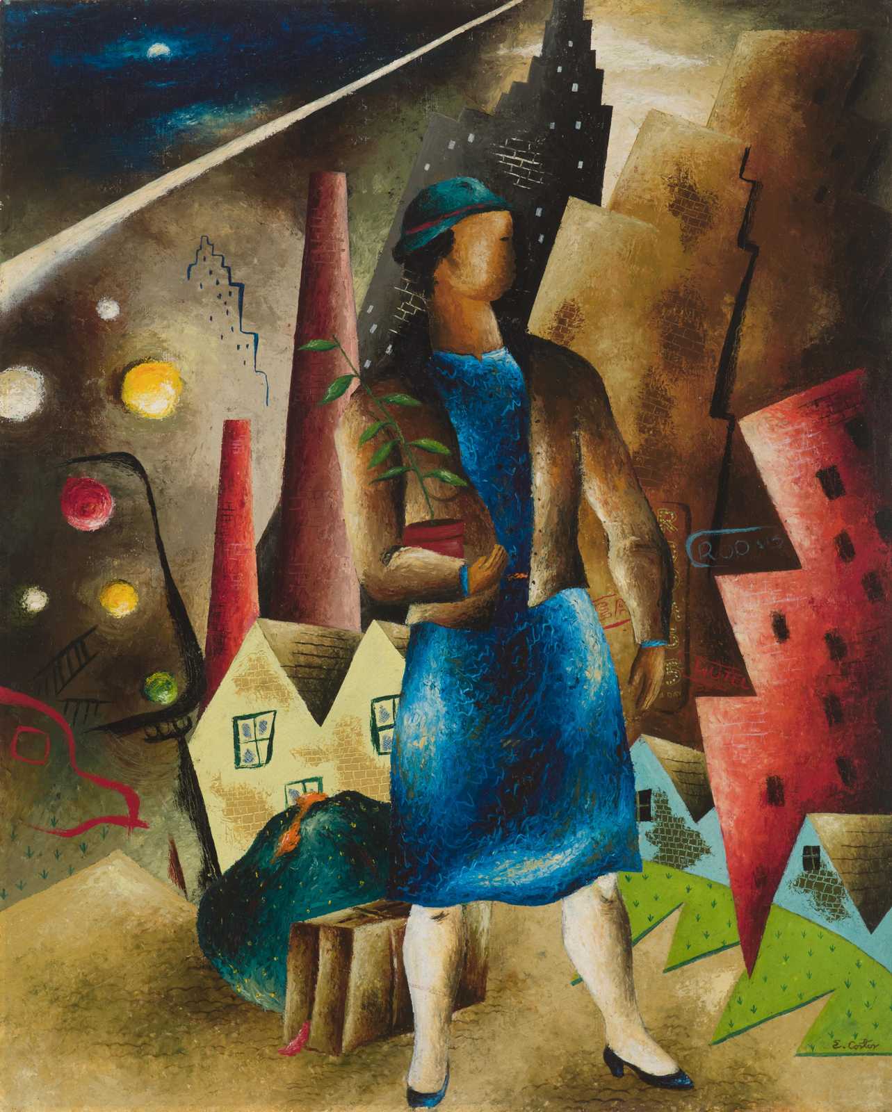 Figurative Cityscape with Woman Wall Art