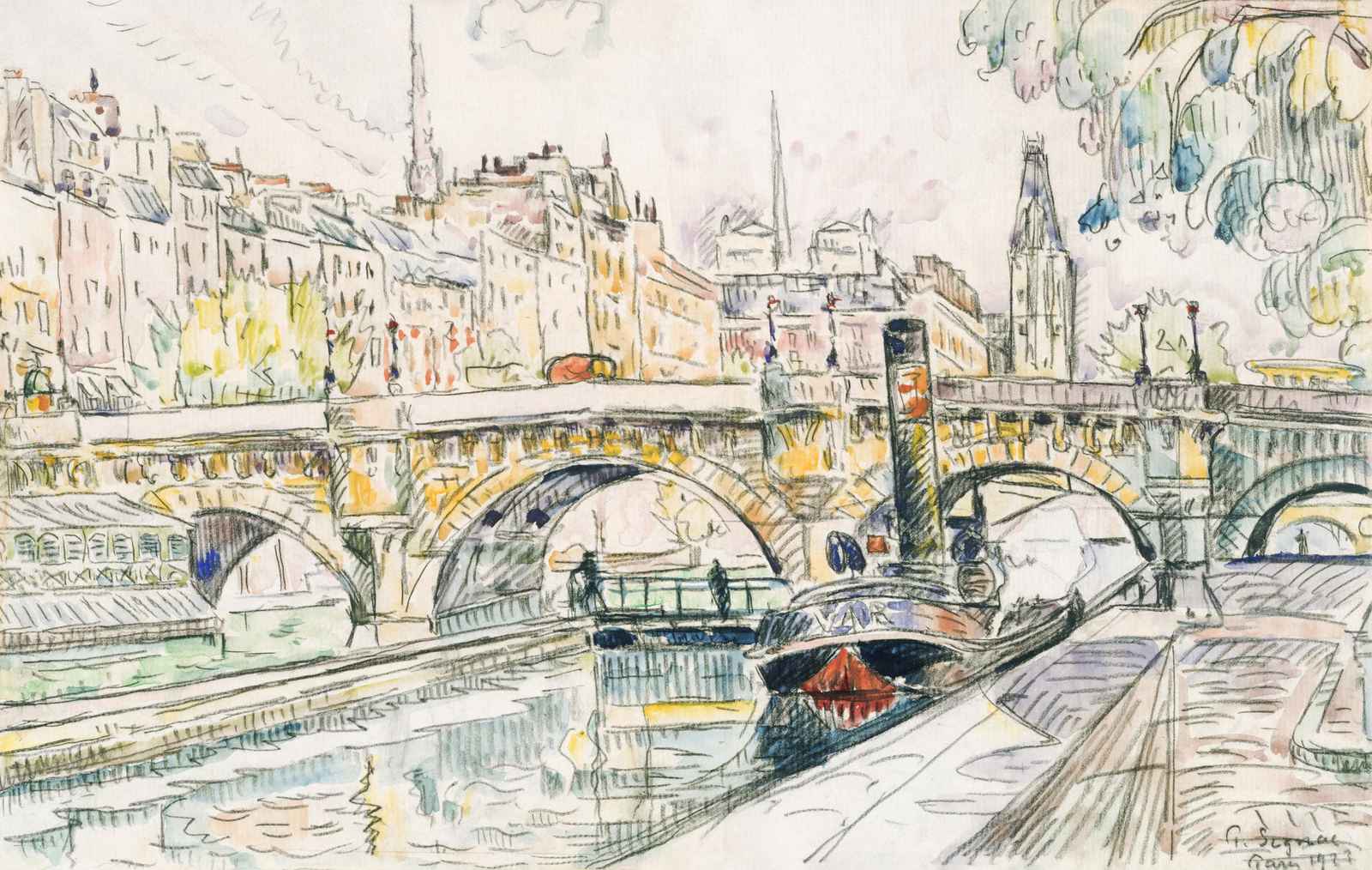 Parisian River Scene with Bridge Wall Art