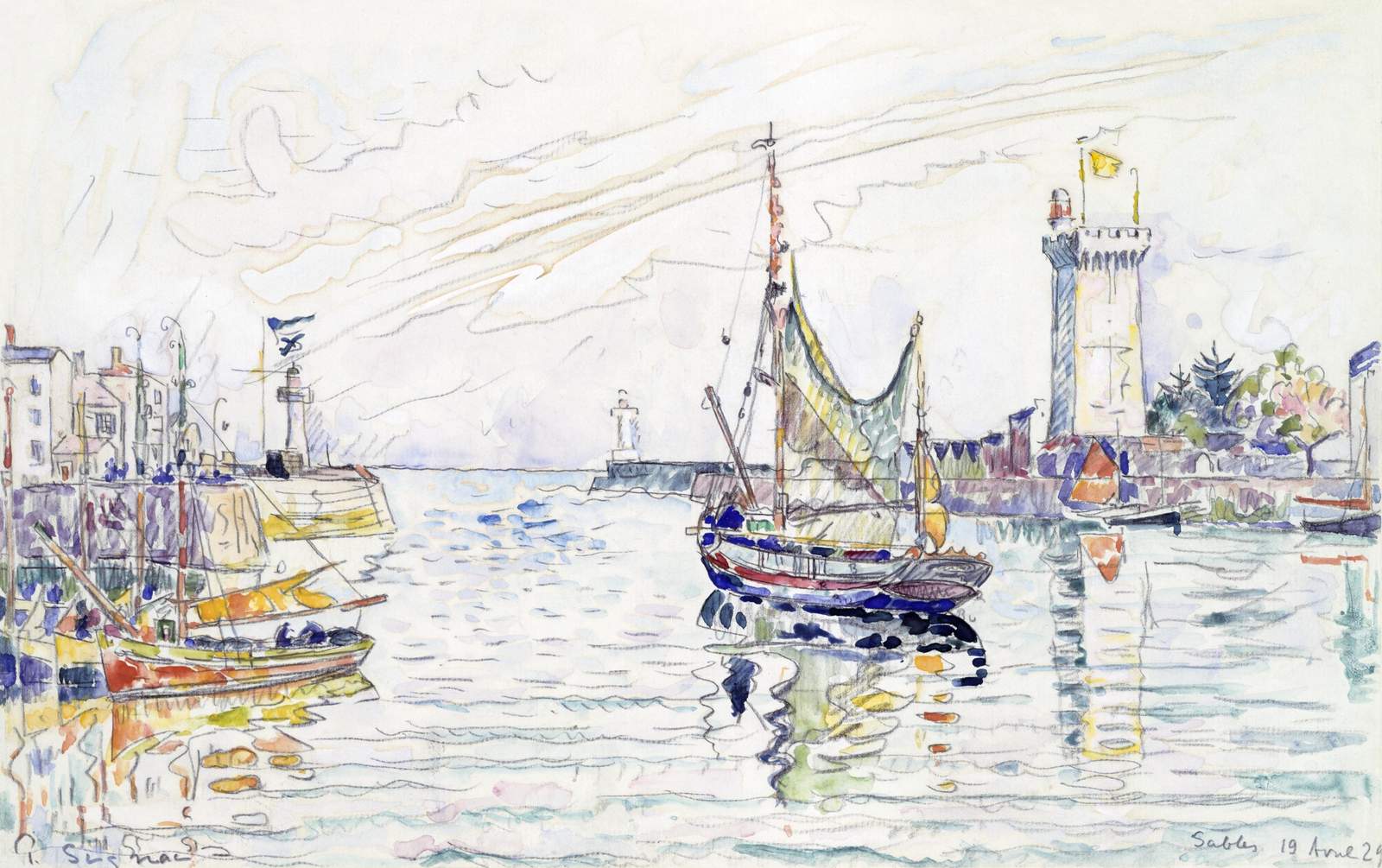 Seaside Harbor Boat Lighthouse Watercolor Wall Art