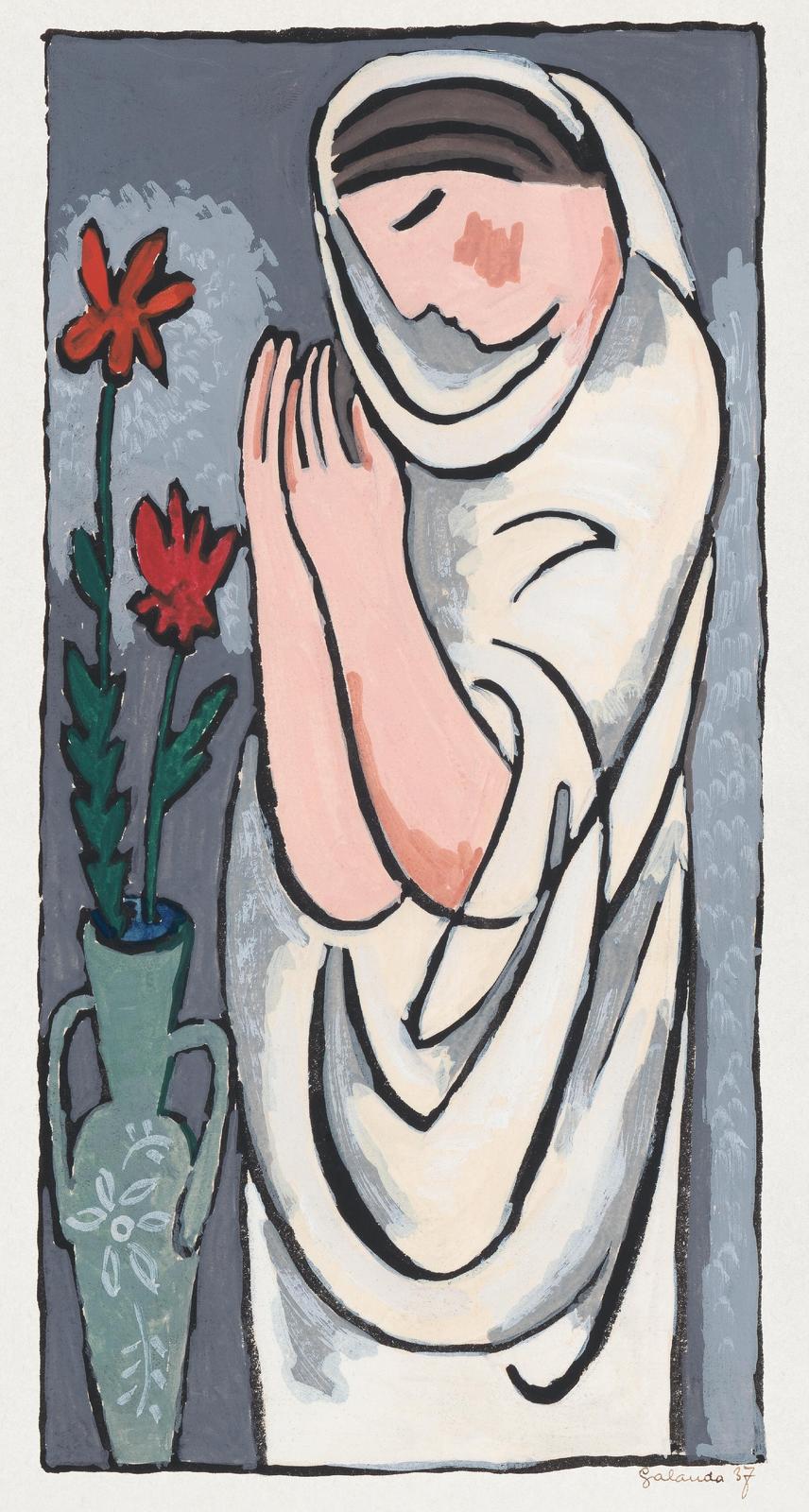 Serene Figure with Red Flowers Wall Art
