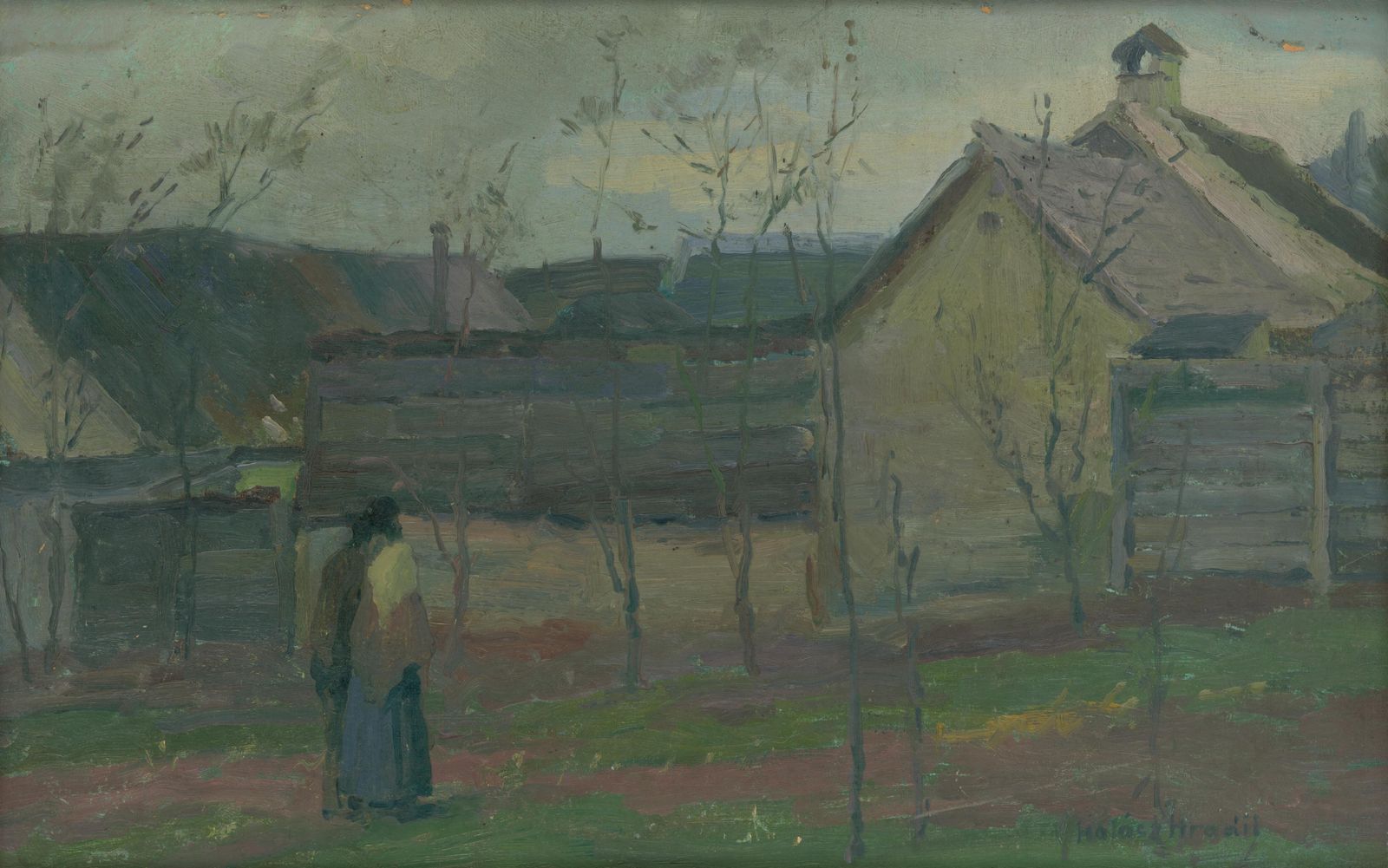 Serene Village Scene with Figures Wall Art