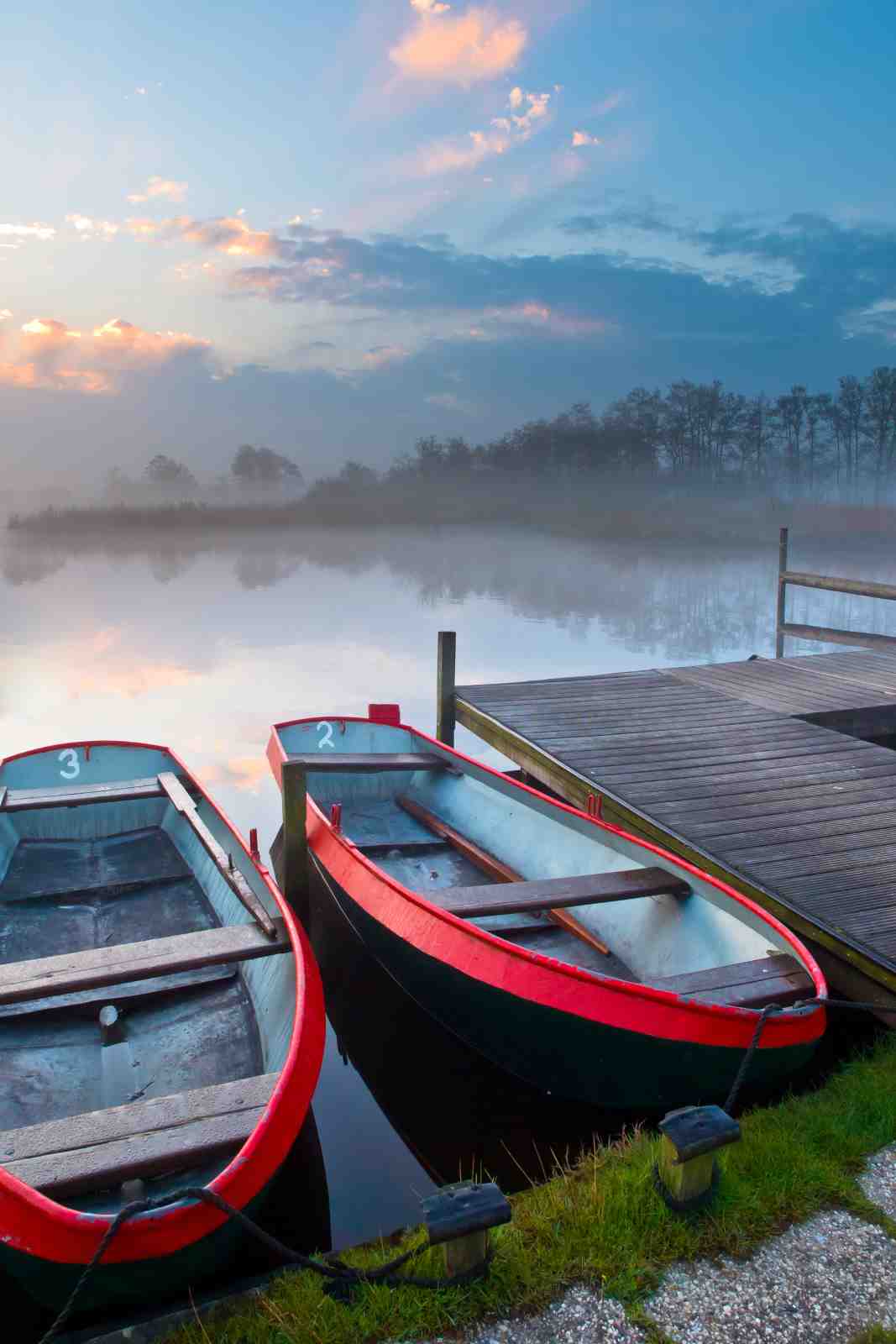 Serene Lake Boats at Sunrise Wall Art