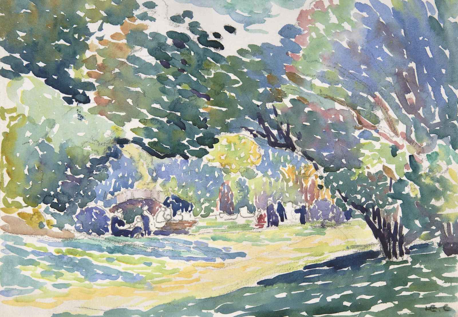 Impressionist Park Scene Watercolor Wall Art