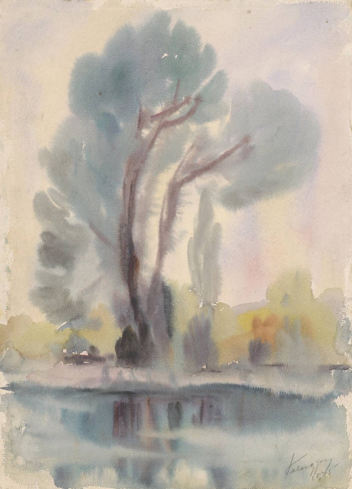 Tranquil Waterside Tree Watercolor Wall Art