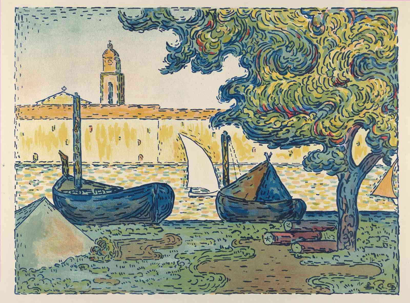 Tranquil Harbor Boats & Tower Wall Art