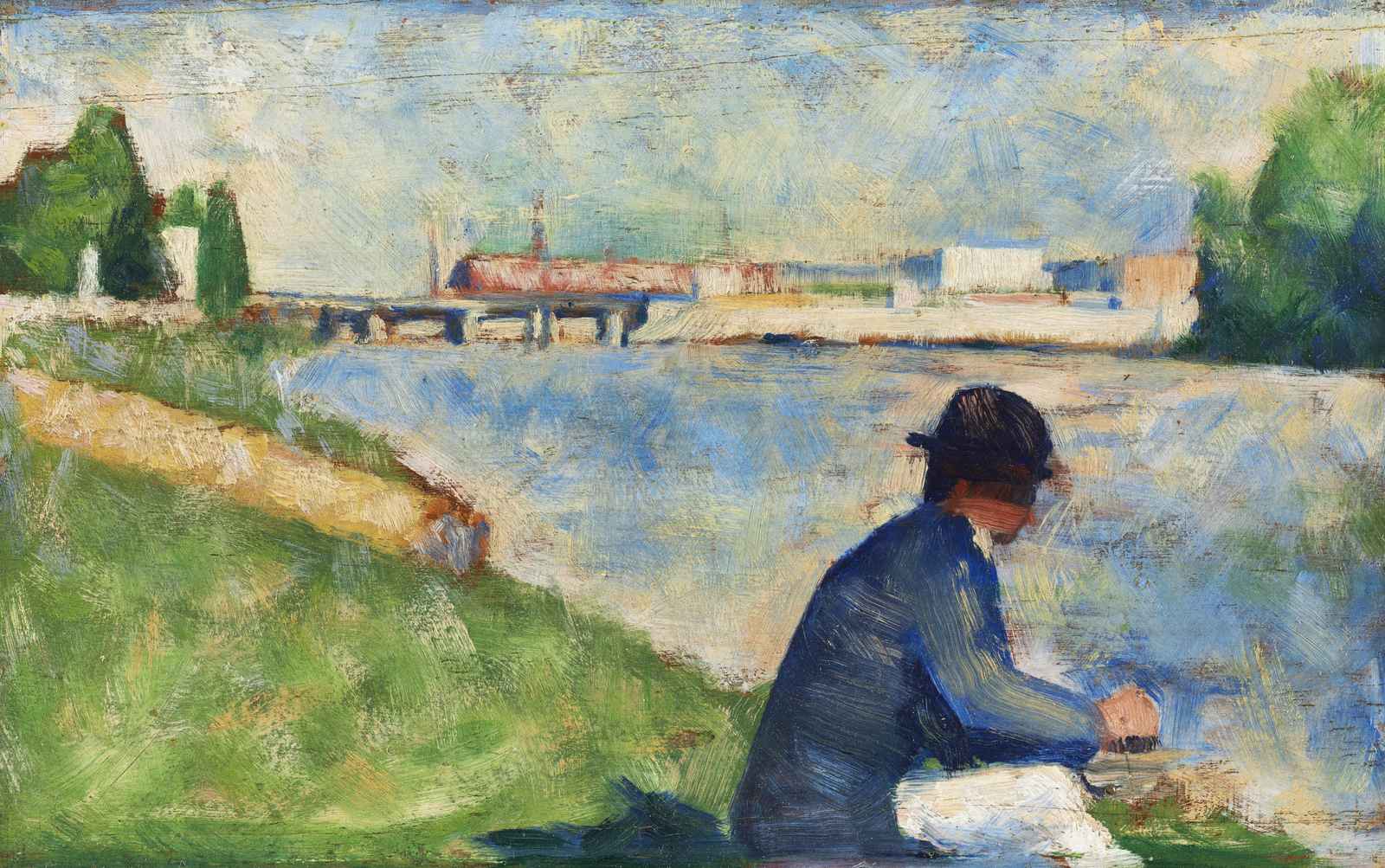 Impressionist River Scene Man Fishing Wall Art