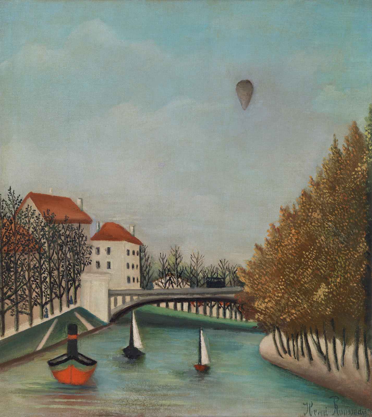 Vintage River Scene with Hot Air Balloon Wall Art