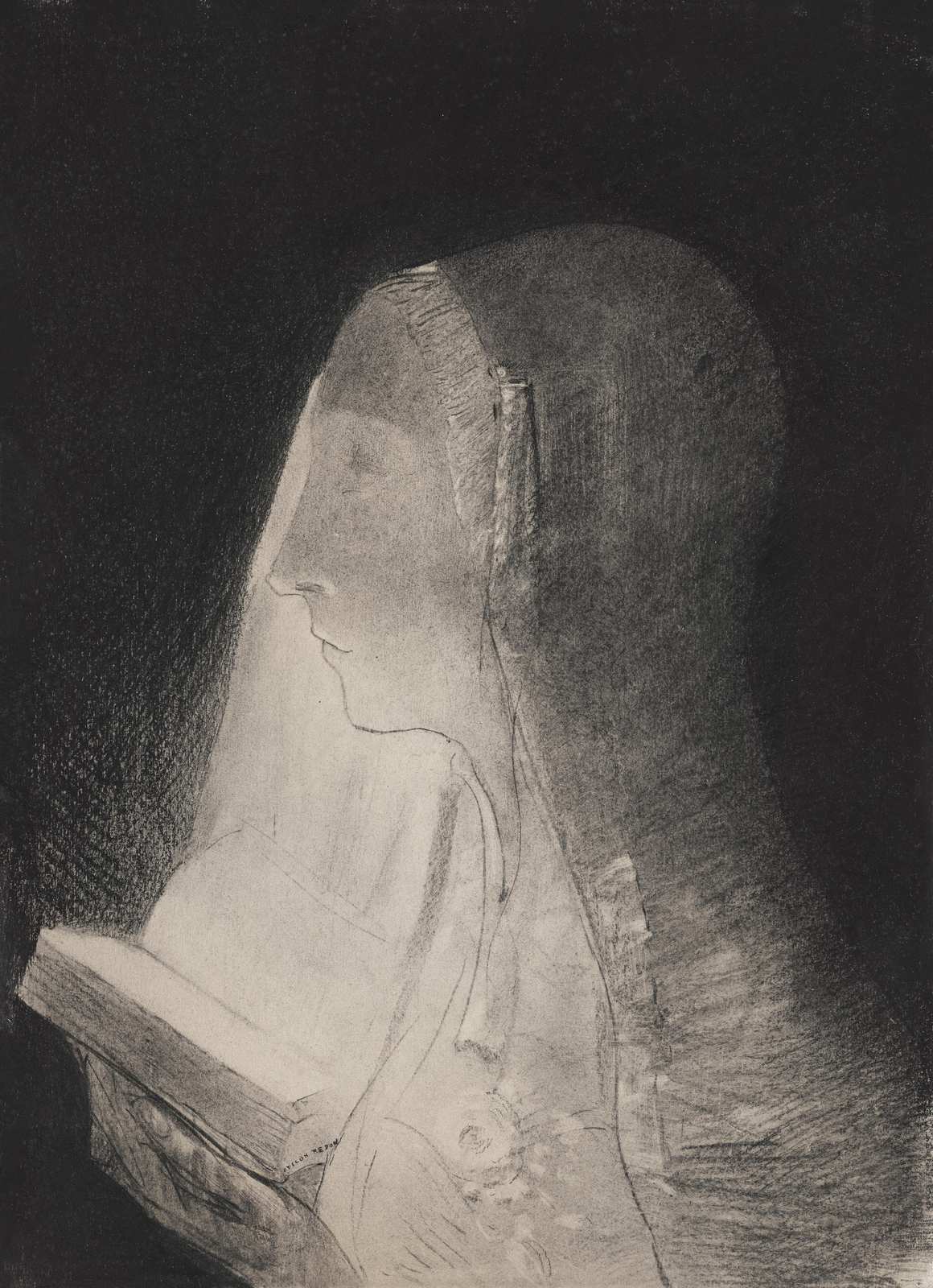 Serene Reading Nun Charcoal Wall Art